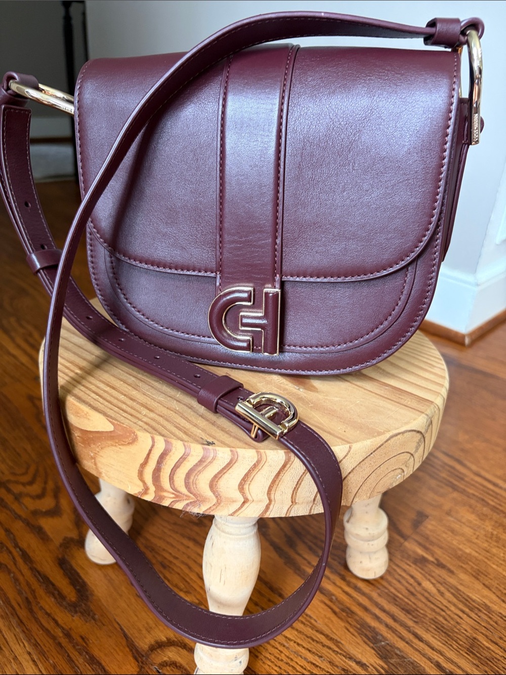 Cole Haan Essential Mini Saddle Crossbody Bag in Deep Wine with Gold Hardware